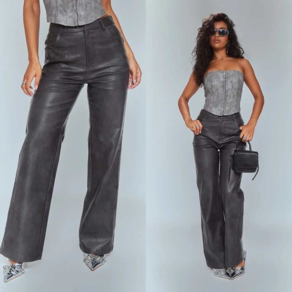 Pretty Little Thing Washed Black Faux Leather Straight Leg Trousers US 10 New - Picture 11 of 11